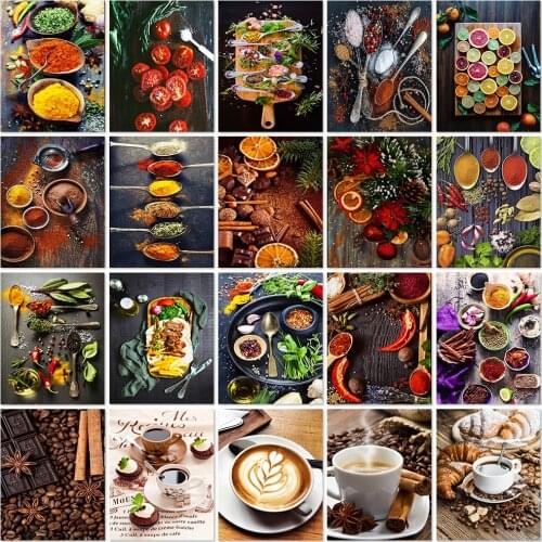 Round Diamond Painting Kitchen Spice 5D Diamond Embroidery Coffee Cross Stitch Kit Mosaic Rhinestone Picture Wall Kitchen Decor