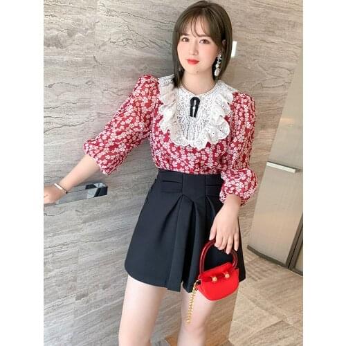 Retro cut out lace bow print top with suspender 2021 Spring new