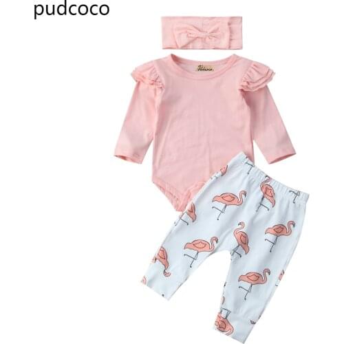 Cute Newborn Baby Girl Ruffle Sleeve Rompers Jumpsuit Printed Long Legging Pants+Headband Outfits 3pcs Clothes Set Autumn