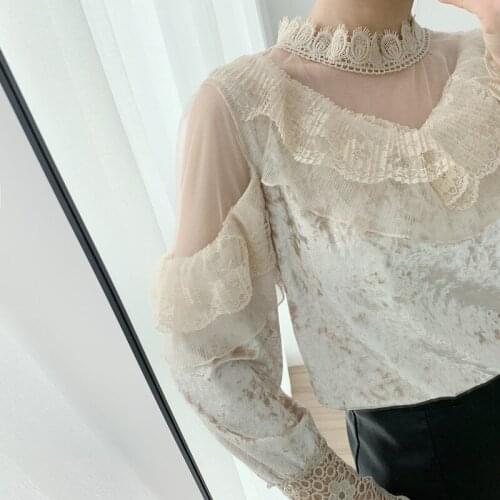 Korean Fashion Clothing 2020 Autumn Ladies Tops Lace Spliced Solid Stand Puff Sleeve Fall Women Blouse Blusas Female Shirt 0826
