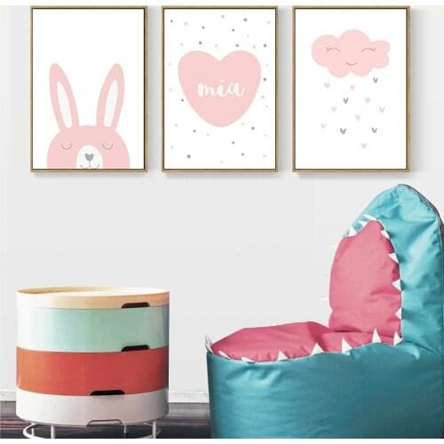 Cartoon Rabbit Pink Clouds Love Canvas Painting Warm Childrens Room Bedroom Poster Wall Art Decorative Pictures for Living Room