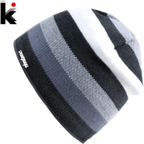 Mens Skullies Hat Bonnet Winter Beanie Knitted Wool Hat Plus Velvet Cap Thicker Stripe Skis Sports Beanies Hats for men