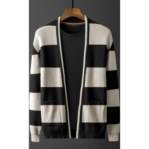 2021 Cardigan Mens Sweaters Luxury Spring And Autumn Two Pockets Stripe Sweater Male Fashion Slim Fit Sweaters Man 4XL