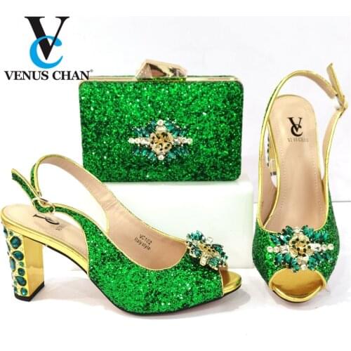 New Arrival royal Green Color African Women Matching Italian Shoes and Bag Set Decorated with Rhinestone small size design