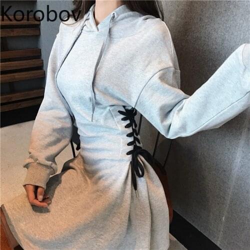 Korobov Sexy Slim Lacing Elegant Korean Women Dress Long Sleeve Hooded Black A-Line Mini Hight Waist Female Dresses 77105