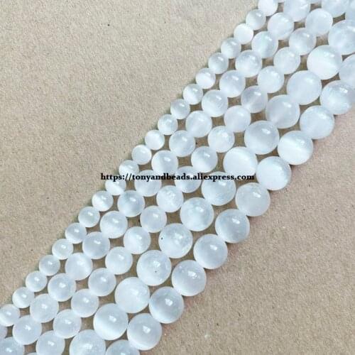 Genuine Semi-precious Natural AA Quality White Selenite Clear Cat Eye Gypsum Stone Round Loose Beads 15" 6 8 10 MM For Jewelry