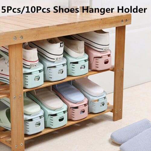 5Pcs/10Pcs Adjustable Shoe Hanger Rack Double Layer Organizer Footwear Slipper Storage Stand Support For Living Room Shoe Holder