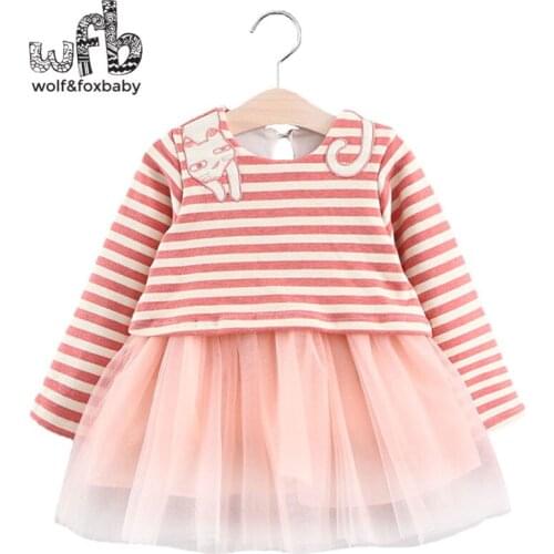 Retail 0-3 years childrens girl long-sleeved cartoon kitten flick dress spring fall autumn