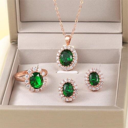 S107 Rose Gold Color AAA Green Austrian Crystal Jewelry Set 3 Pcs Ring + Necklace + Eearrings For Women HotSale Amazing Price