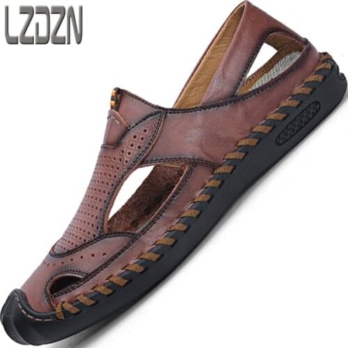 Sandals Summer Shoes For Men Beach Outdoor Closed Toe Tourist Genuine Leather Mens Breathable Slippers Loafers Slip-on Hollow