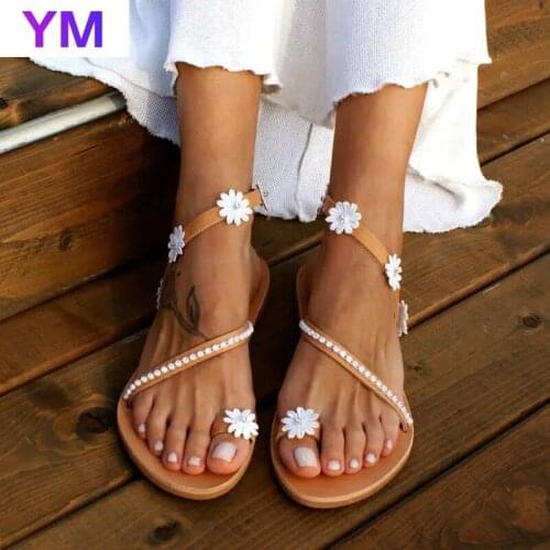 Summer Women Sandals Flats Hollow Floral Sandals Female Casual Beach Outdoor Flip Flops Leather Zapatillas Mujer Casa Bohemia 43
