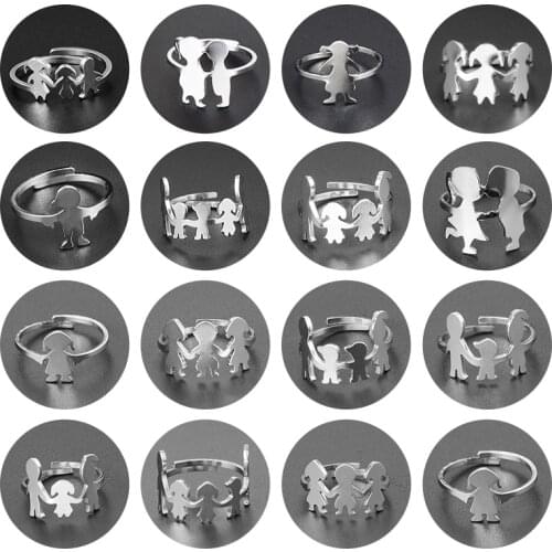 Family Rings for Women Cute Child Girl Boy Kids Pattern Adjustable Stainless Steel Figure Rings Mom Couple Jewelry Gifts