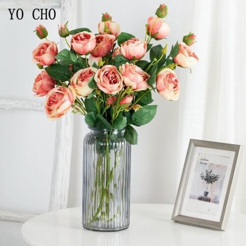 YO CHO Artificial Flower Silk Rose Autumn 3 Flower Heads 2 Buds Rose Branch DIY Wedding Bouquet Home Decor Flowers Arrangement