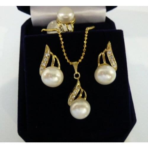 Jewelry Free Shipping wholesale womans noblest 18kgp white shell pearl beautiful design earrings pendant necklace & ring(#7.8