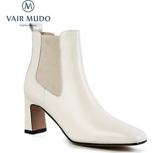 VAIR MUDO 2021 New Ankle Boots Shoes Women White Black High Heels Chelsea Boots Solid Concise Shoes Women Square Toe WM-X61