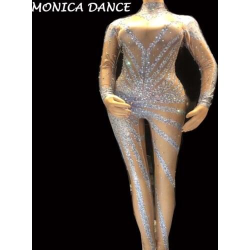 Women Sexy Silver Glisten Rhinestones Jumpsuit long Sleeves Stones Bodysuit Performance Party Celebrate luxurious Dance Costumes