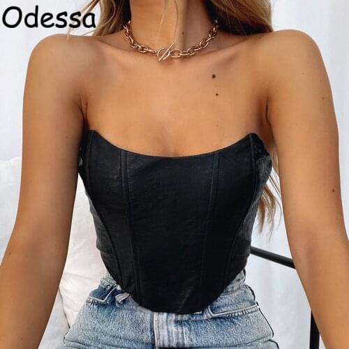 Odessa Black Cropped Corset Top Sexy Off Shoulder Pu Leather Tube Women Backless Hollow Bandage Summer Skinny Wrap Tank Bustier