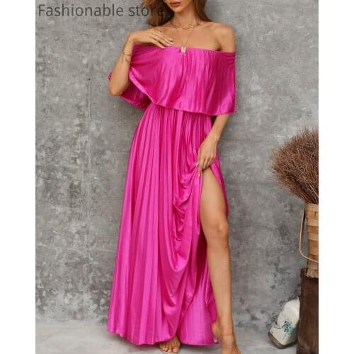 Women Elegant Off Shoulder Backless Pleating Maxi Party Dress