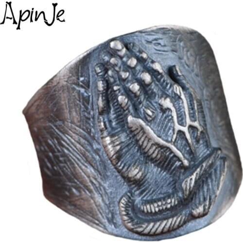 Apinje 925 Sterling Silver Open Ring Auspicious Prayer Ring Adjustable Retro Men Jewelry