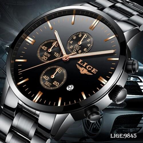 LIGE 9845 Fashion Mens Multifunctional Business Watches Leisure Sports Waterproof Classic Steel Band Quartz Wristwatches Male