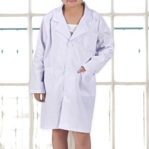 Children Unisex Long Sleeve White Lab Coat Lapel Collar Button Pocket Nurse Doctor School Child Cosplay Uniform Blouse