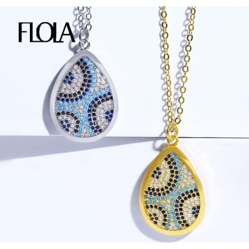 FLOLA Turkish Evil Eye Necklace Pendant Blue Evil Eye Necklace Long Chain Turkish Jewelry Cubic Zirconia Necklace Jewelry nkep07