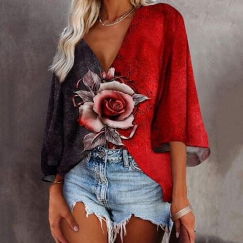 Trumpet Sleeve V-neck T-shirt Ladies Loose Stitching Rose Printed TopLady Office Fashion Street Wear Large Size Free Shipping