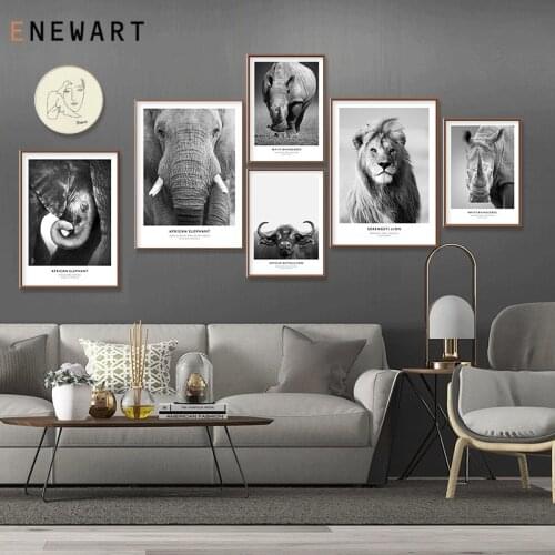 Cow Lion Elephant Rhino Black White Africa Animal Canvas Painting Wall Art Minimalist Print Poster Picture Nordic Decoration