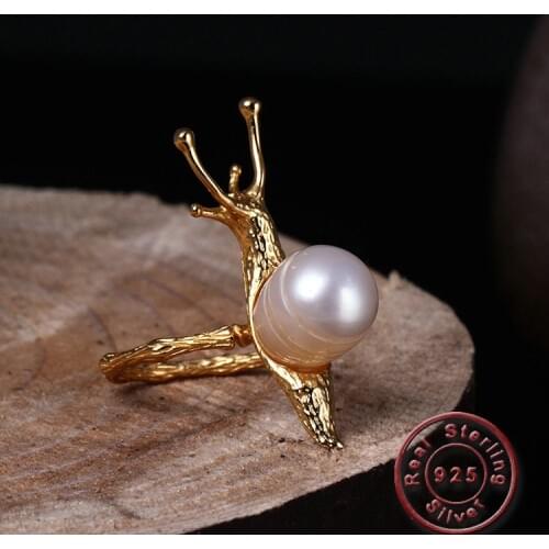 Amxiu 9mm Freshwater Pearl Ring 925 Silver Open Rings Snail Rings for Women Girls Accessories Rose Gold Color Adjustable Rings