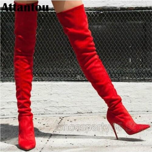 Fashion designer bright red slim fit winter over the knee thin high heel boots women stiletto stretch thight high gladiator boot