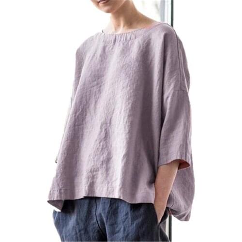 202 new womens summer round neck cotton and linen loose blouse all-match literary retro fan blouse top women clothing