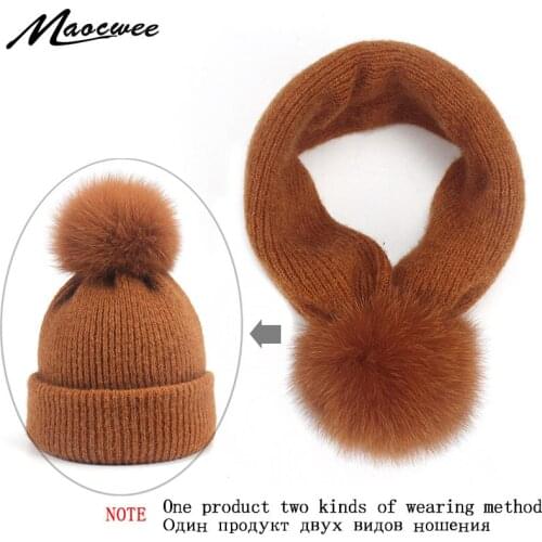 Beanie Hats Dual-purpose Hat Striped hats Real Fur Pom Pom Hat Scarf Womens Winter For Raccoon Fur Pompom Skullies Caps Female