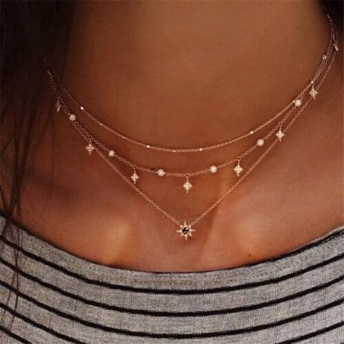 Free Shipping Crystal Star Pendant Choker Necklaces for Women Star Beads Sweater Chain Gold Necklace Kolye
