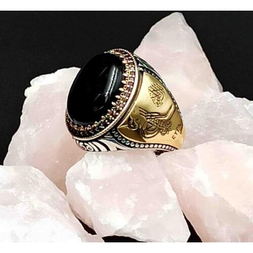 Silver Men Oval Black Onyx Gemstone Ring Ottoman Tughra with Crescent Star Motif Ring Handmade Vintage Accessory