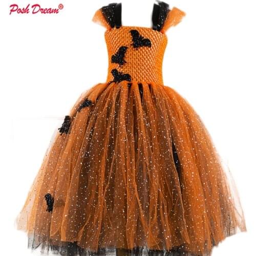 POSH DREAM Bat Patch Kids Girls Halloween Tutu Dresses For Evening Party Orange Black Bat Cosplay Children Girls Clothes