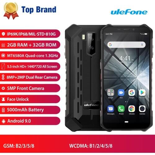 Ulefone Armor X3 2GB 32GB Android 9.0 Cell Phone MT6580 5.5 inch HD+ 8MP Camera 3G WCDMA 5000mAh Battery Smartphone