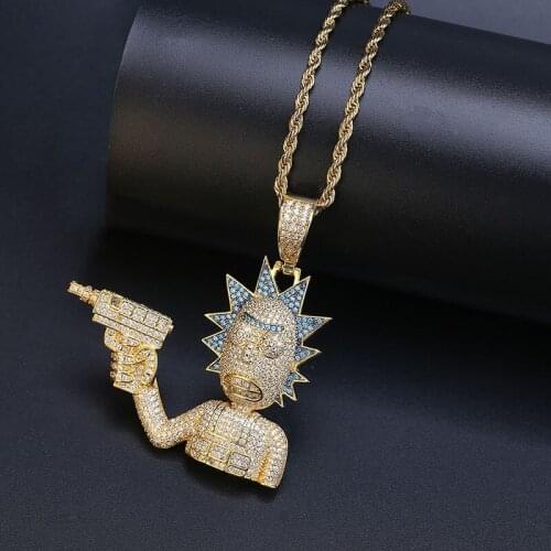 Hip Hop Micro Paved AAA Cubic Zirconia Bling Iced Out Cartoon Character Gun Pendants Necklace for Men Rapper Jewelry Gold Color