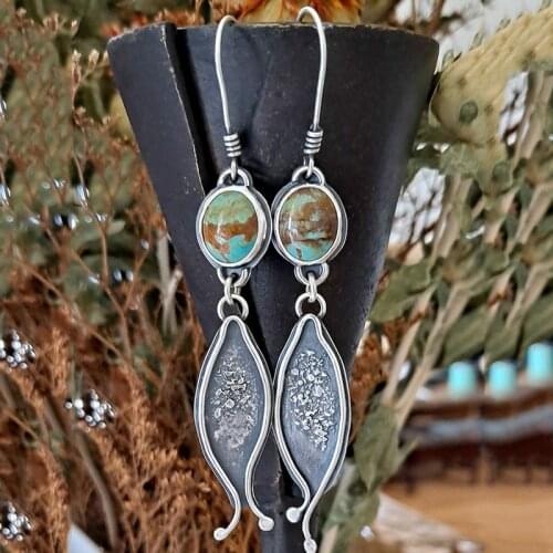 Vintage Turquoises Natual Blue Stone Earrings Bohemian Ancient Black Surface Metal Fish Drop Earrings for Women Jewelry
