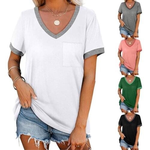Womens blouse European and American loose contrast color ribbed V-neck pocket short-sleeved t-shirt women