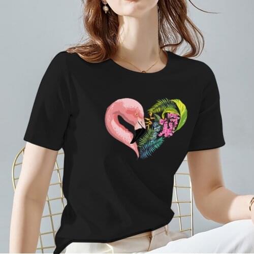 Womens T-shirt Love Heart Pattern Printing Series Female Tops Tee Black Commuter High Quality Soft O-neck Ladies Short Sleeve