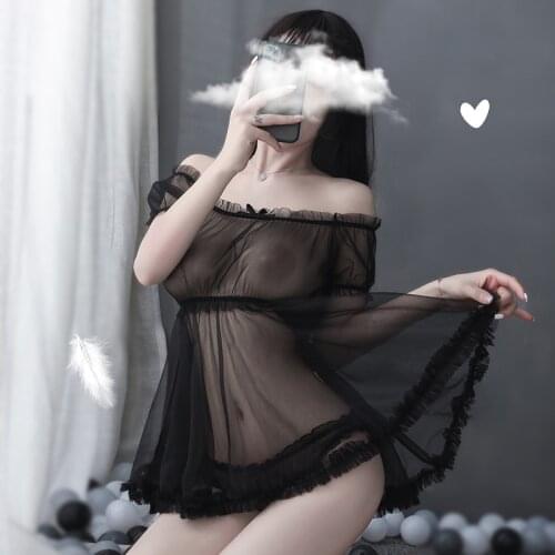 Women Sleepwear Short Sleeve Slash Neck Ruffle Bow Mesh Gauze Sheer Tops And Shorts Nightdress Sexy Lingerie Set Home Clothes