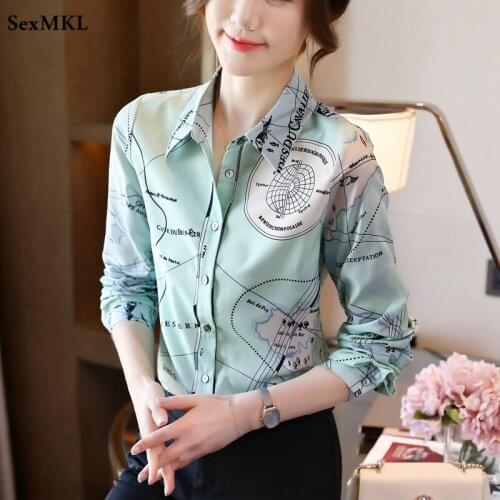 New Fahsion Button Up Chiffon Shirts Women 2021 Elegant Autumn Long Sleeve Blouses Korean Style Printed Ladies Office Tops Mujer