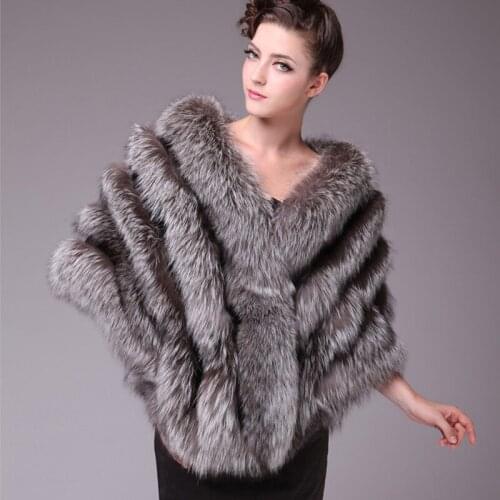 Autumn Winter Ladies' Real Natural Silver Fox Fur Shawls Women Fur Pashmina Wraps Wedding Bridal Capes VF0557