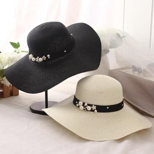 Seioum High Quality Summer Sun Hats for Women Solid Large Brimmed Sun Hats Black White Floppy Hats with Pearls Ladies Beach jazz