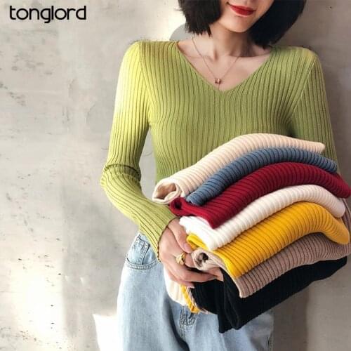 Candy Color Bottoming Sweater Tees Women 2021 Autumn Single-Breasted Long Sleeve V-Neck Knitted Tops Fmale Solid Pullover Tops