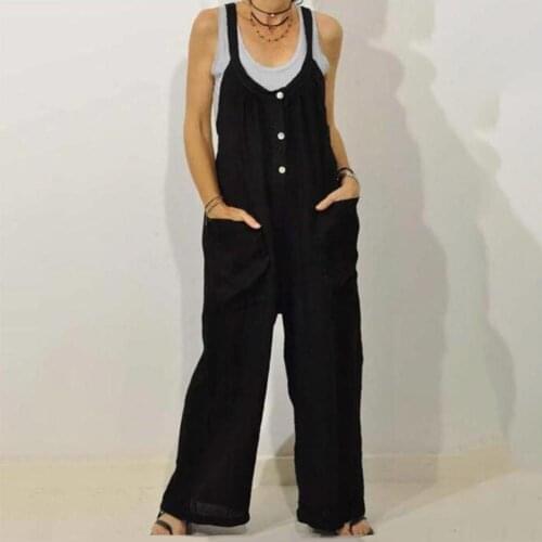 Women Solid Color Button Pockets Cotton Linen Jumpsuit Bib Overall Dungarees Jumpsuit Bib Overall Dungarees Jumpsuit Bib Overall