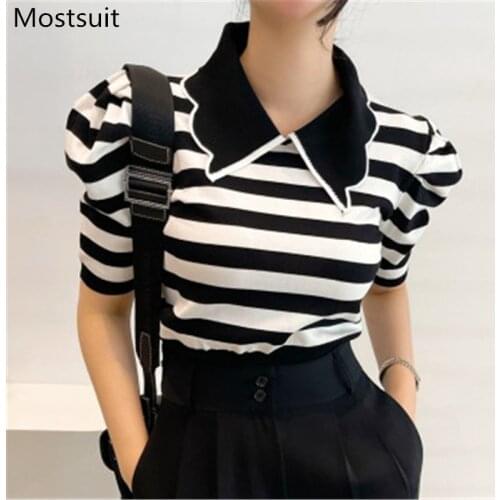 Korean Striped Knitted Knitwear Tops Women Summer Short Sleeve Turn-down Collar Pullover Sweater Casual Fashion Female Jumpers