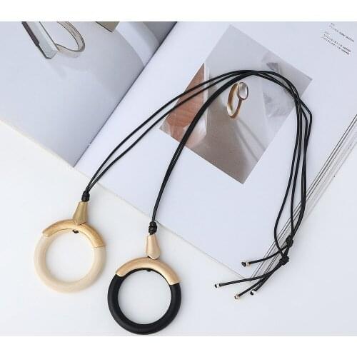 Amorcome Bohemia Wood Bead Leather Necklace Geometric Circle Pendant Women Long Sweater Chain Statement Collares Femme Jewelry