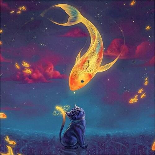 5D DIY Full Round Diamond Painting "Cat And Goldfish Love" 3D Embroidery Cross Stitch Rhinestone Mosaic Home Dector Gift YC205