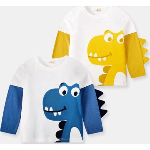 Boys T-shirts Spring and Autumn Childrens Clothing Fashion Cartoon Dinosaur Cute Long Sleeve Pure Cotton Kids Tops